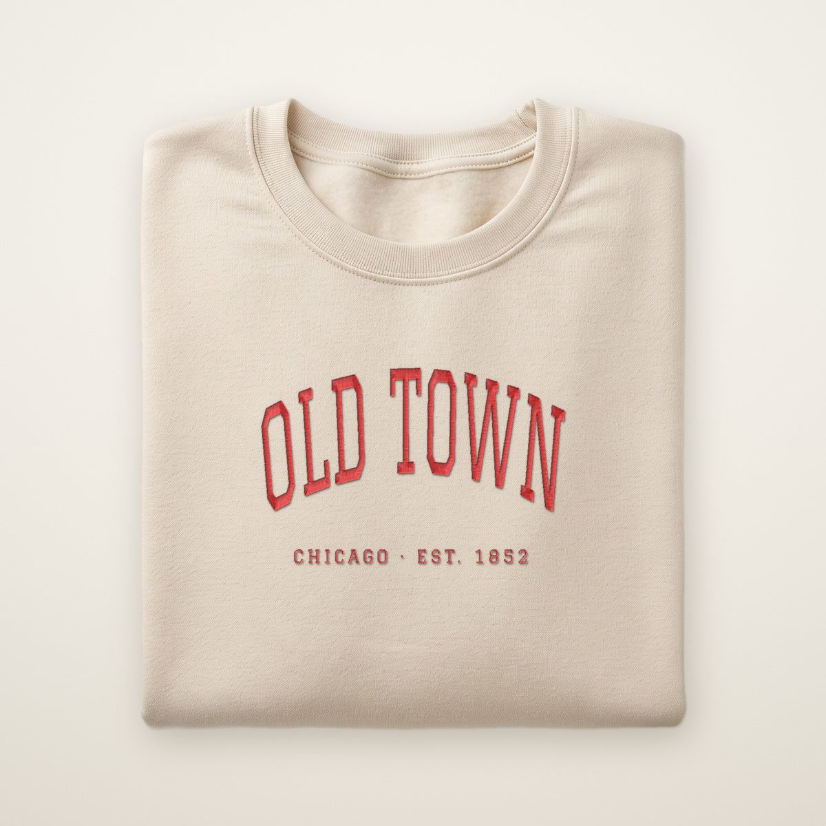 Old Town Chicago embroidered crewneck sweatshirt, Sand, red embroidery