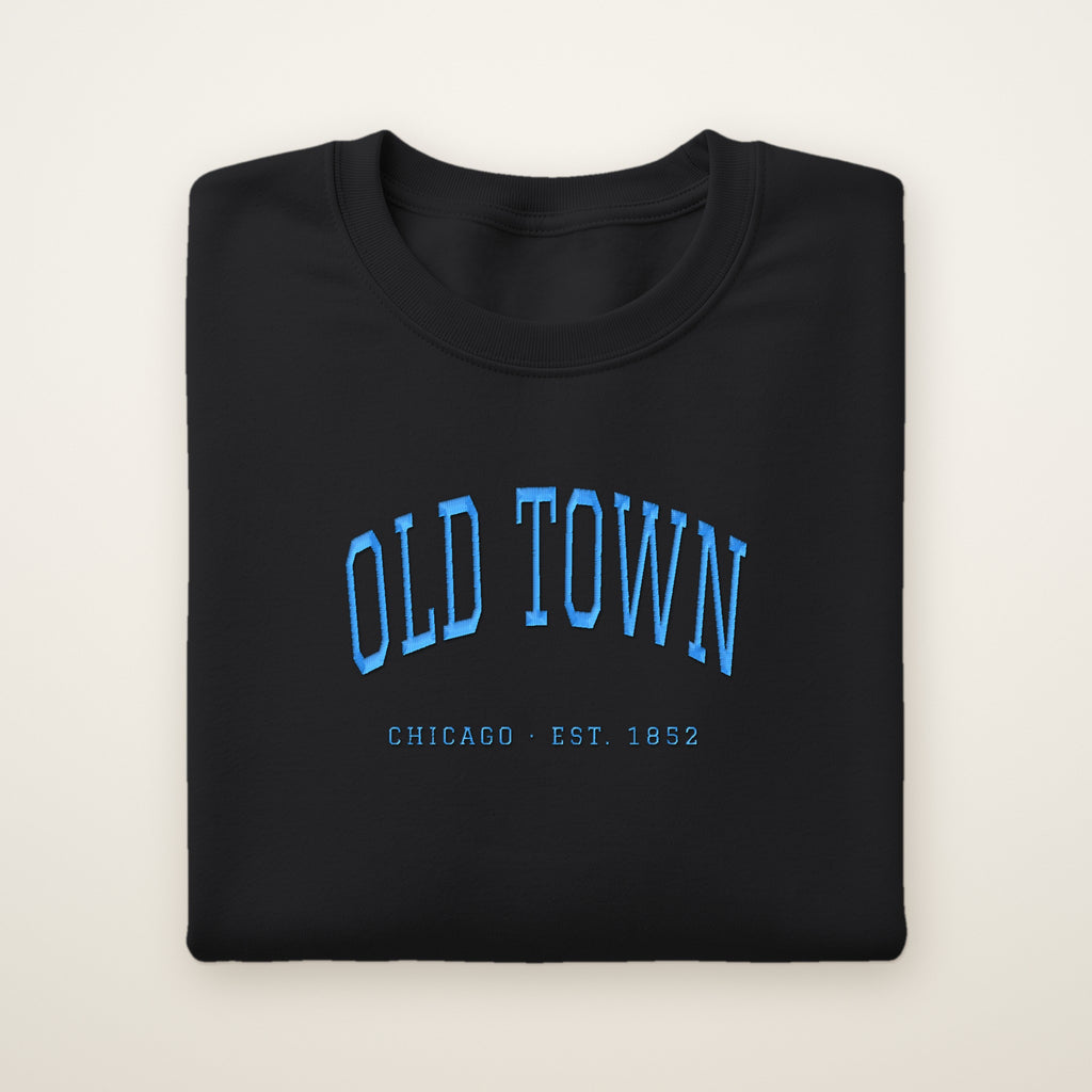 Old Town Chicago embroidered crewneck sweatshirt, Black, sky blue embroidery