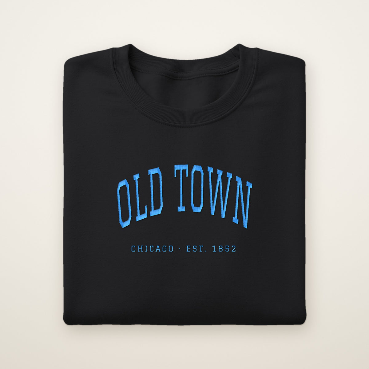 Old Town Chicago embroidered crewneck sweatshirt, Black, sky blue embroidery