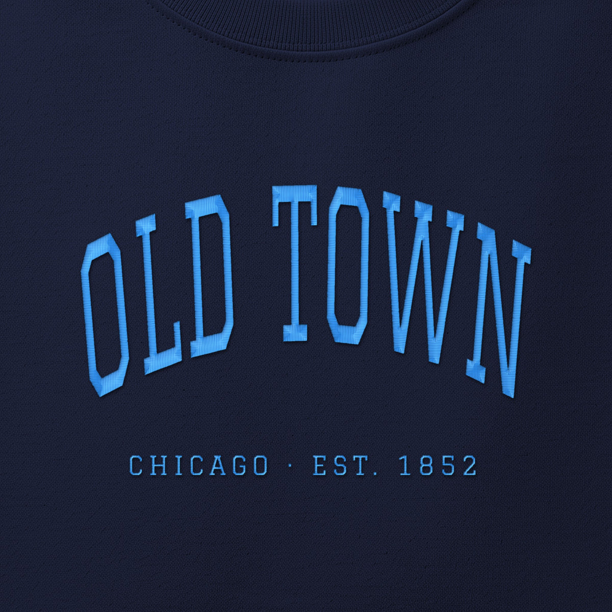 Close-up of sky blue satin-stitch Old Town embroidery