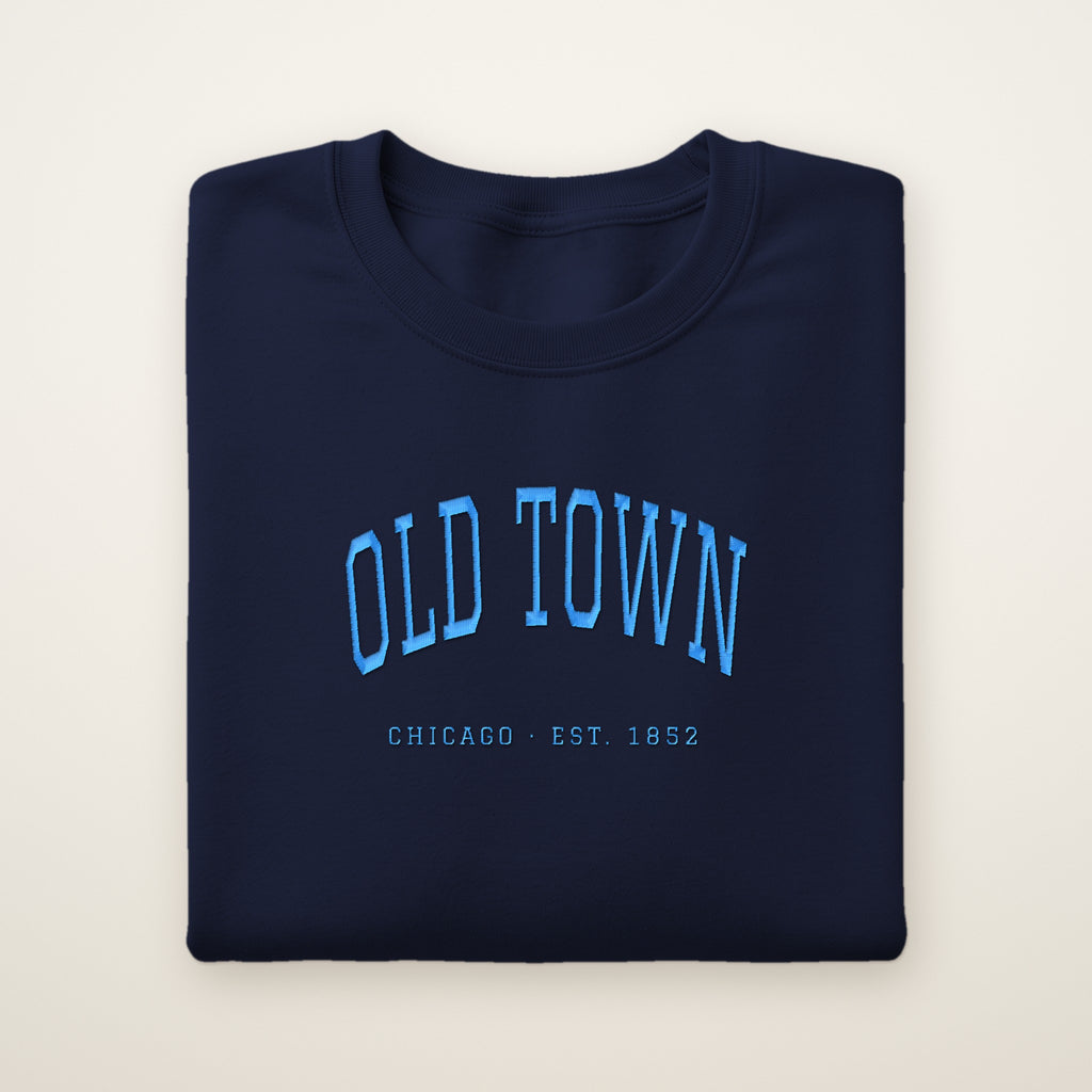 Old Town Chicago embroidered crewneck sweatshirt, Navy, sky blue embroidery
