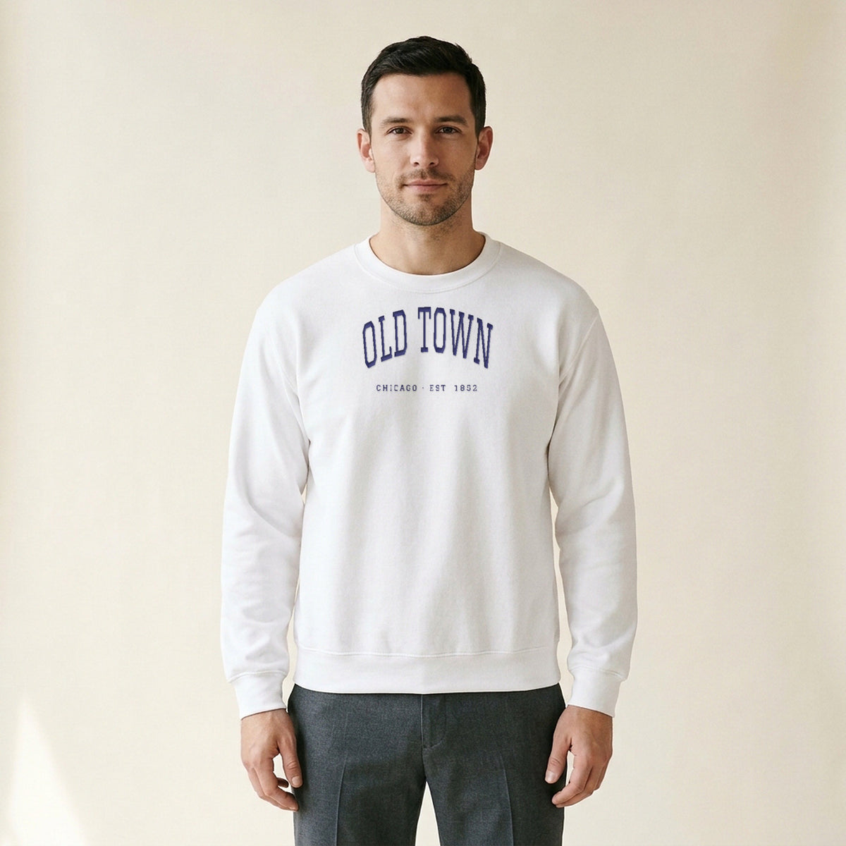 Model wearing the Old Town Chicago Embroidered Crewneck — Navy Thread in White