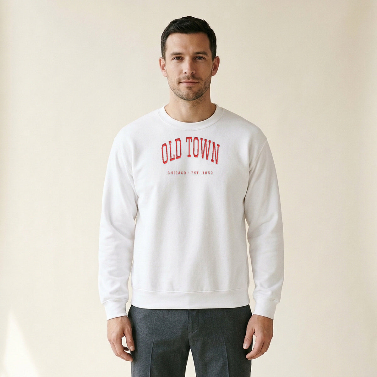 Model wearing the Old Town Chicago Embroidered Crewneck — Red Thread in White
