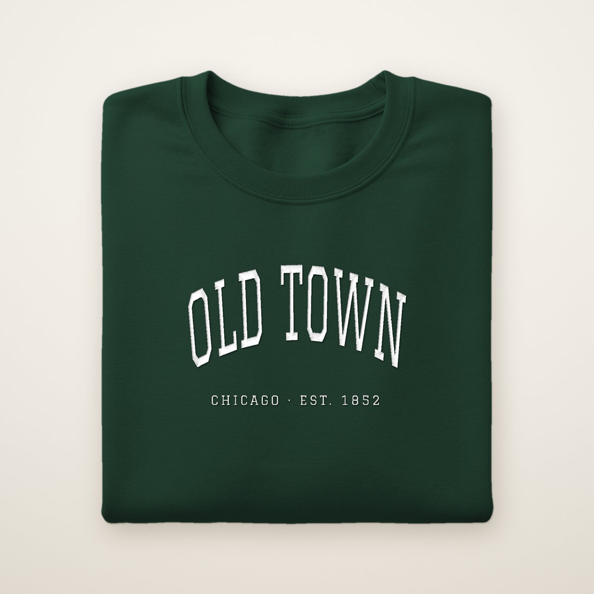 Old Town Chicago embroidered crewneck sweatshirt, Forest Green, white embroidery