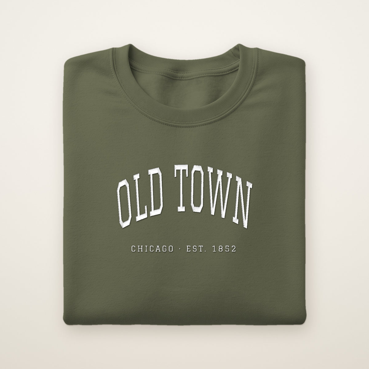 Old Town Chicago embroidered crewneck sweatshirt, Military Green, white embroidery