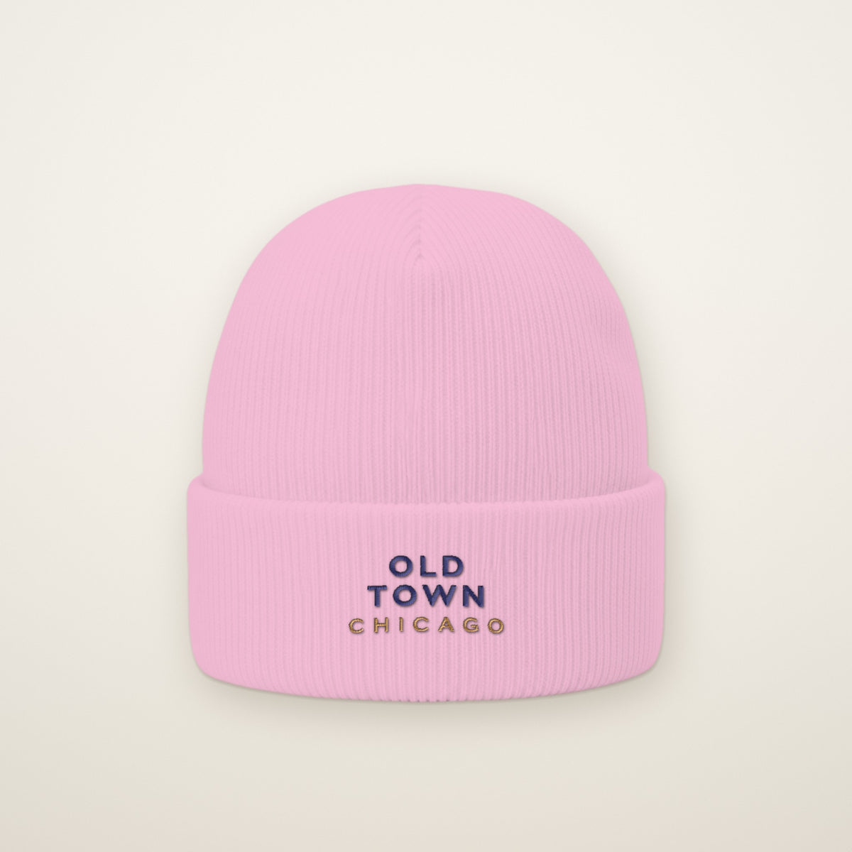 Old Town Chicago Embroidered Cuffed Beanie, Navy Thread, Baby Pink