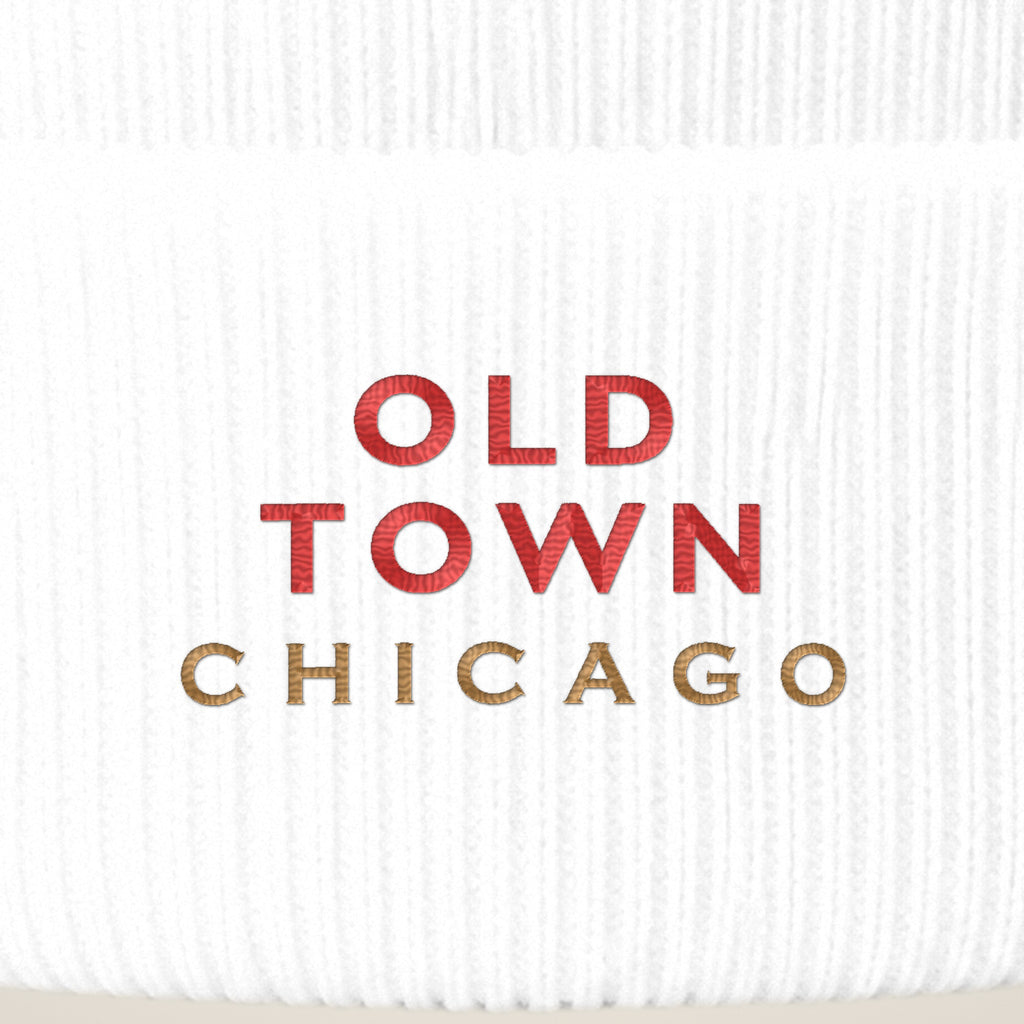 Old Town Chicago embroidery close-up in red and old gold thread
