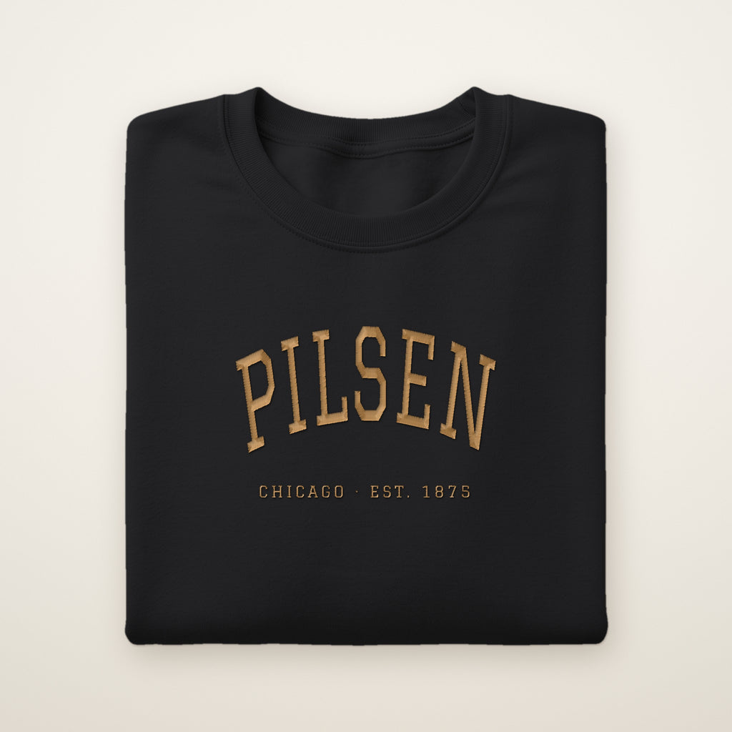 Pilsen Chicago embroidered crewneck sweatshirt, Black, gold embroidery