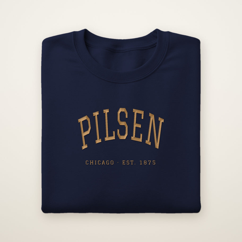 Pilsen Chicago embroidered crewneck sweatshirt, Navy, gold embroidery