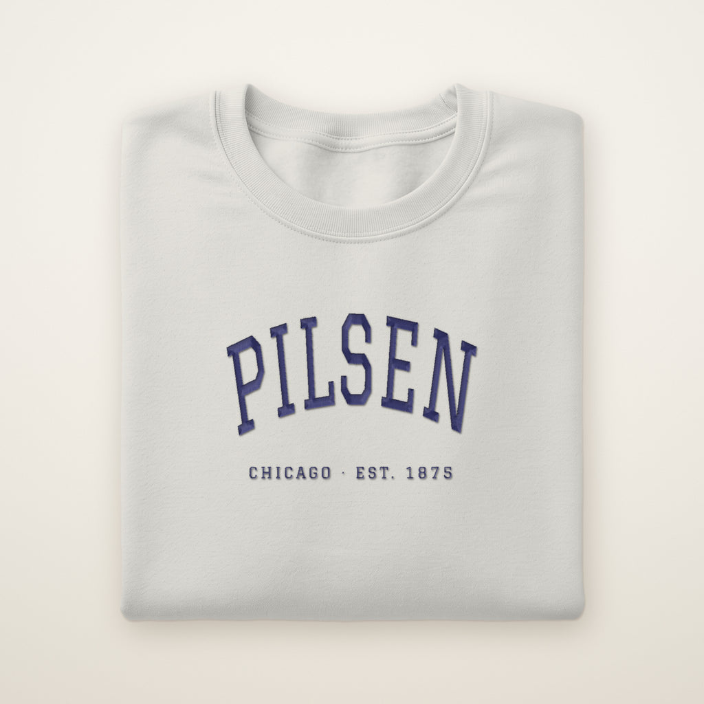 Pilsen Chicago embroidered crewneck sweatshirt, Ash, navy embroidery