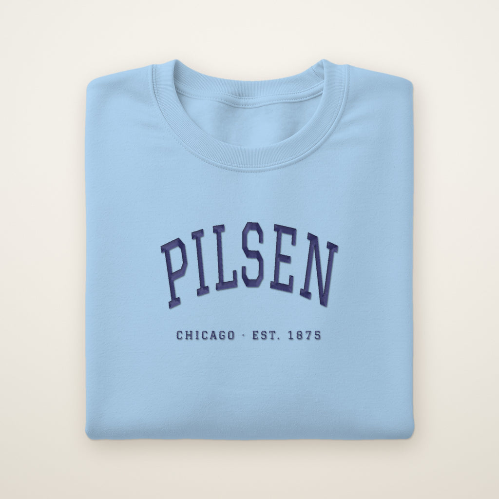Pilsen Chicago embroidered crewneck sweatshirt, Light Blue, navy embroidery