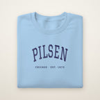Pilsen Chicago embroidered crewneck sweatshirt, Light Blue, navy embroidery