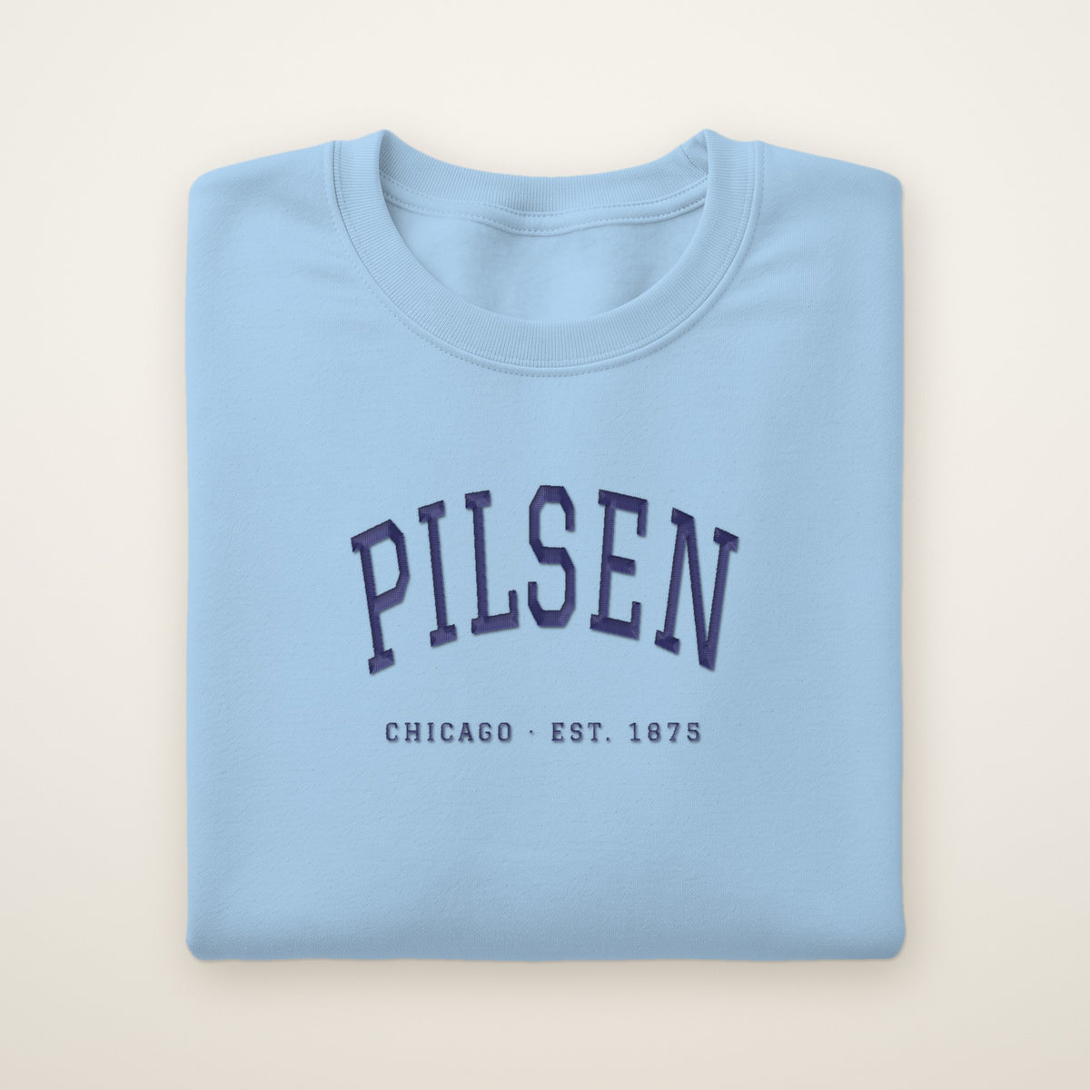 Pilsen Chicago embroidered crewneck sweatshirt, Light Blue, navy embroidery