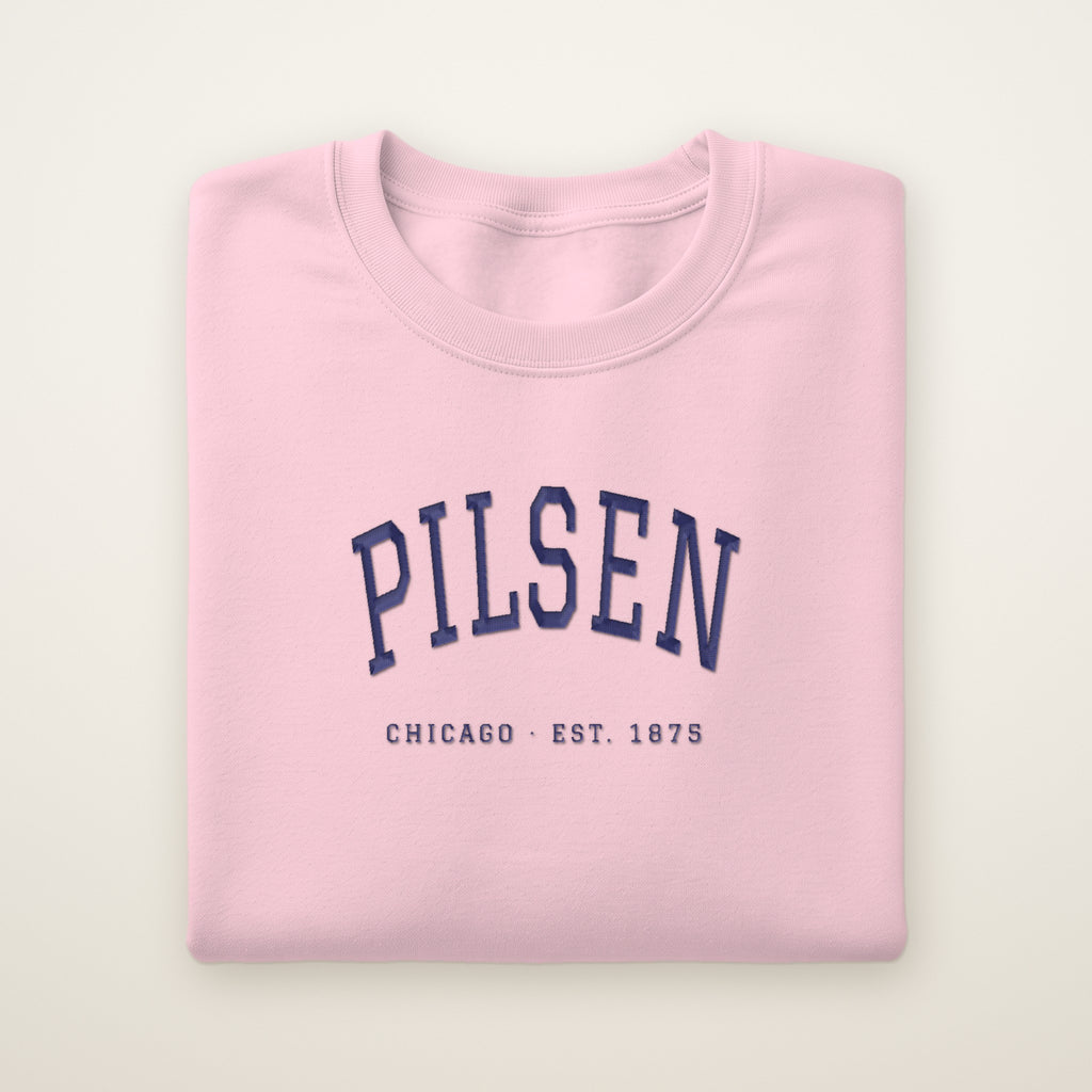 Pilsen Chicago embroidered crewneck sweatshirt, Light Pink, navy embroidery