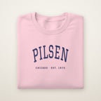 Pilsen Chicago embroidered crewneck sweatshirt, Light Pink, navy embroidery
