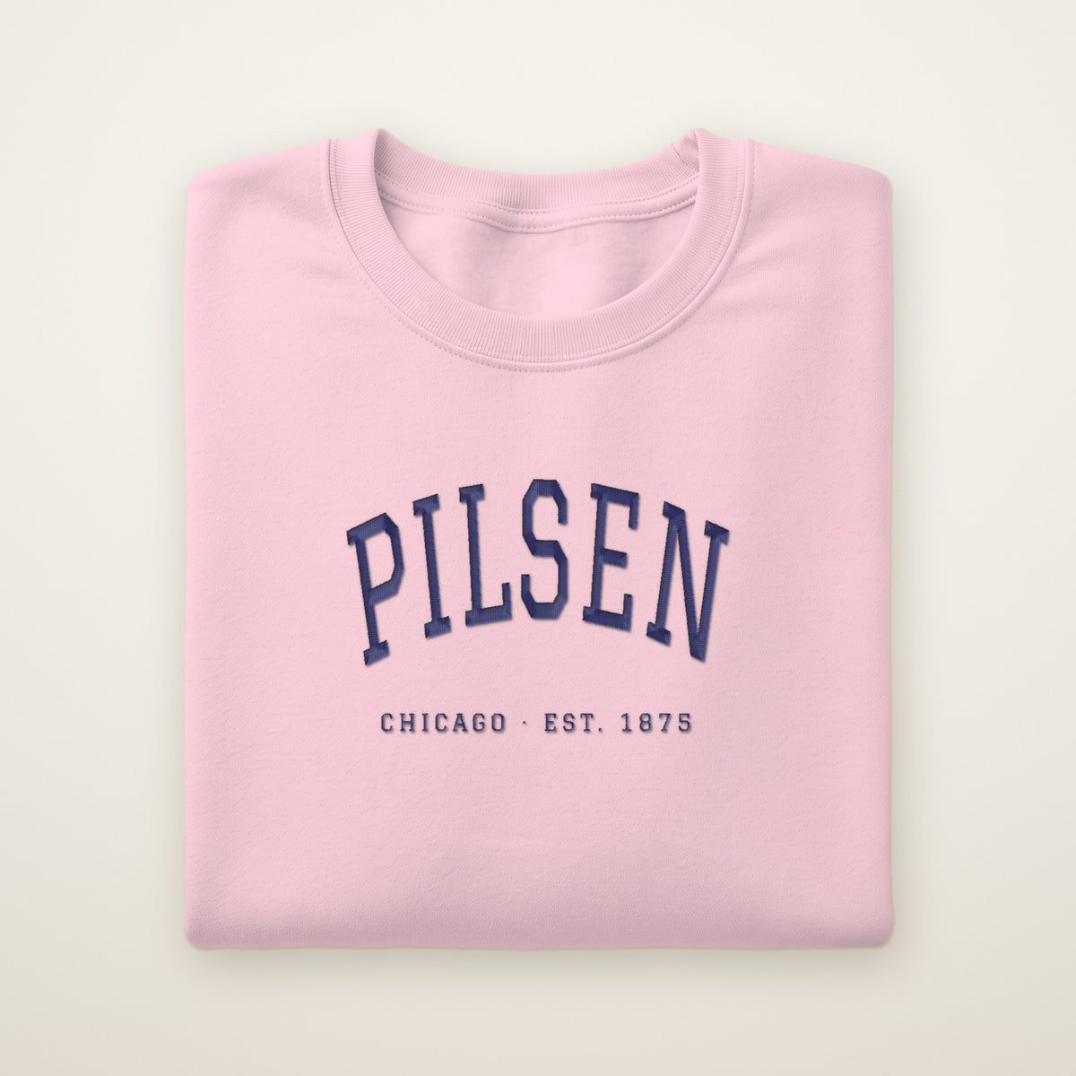 Pilsen Chicago embroidered crewneck sweatshirt, Light Pink, navy embroidery