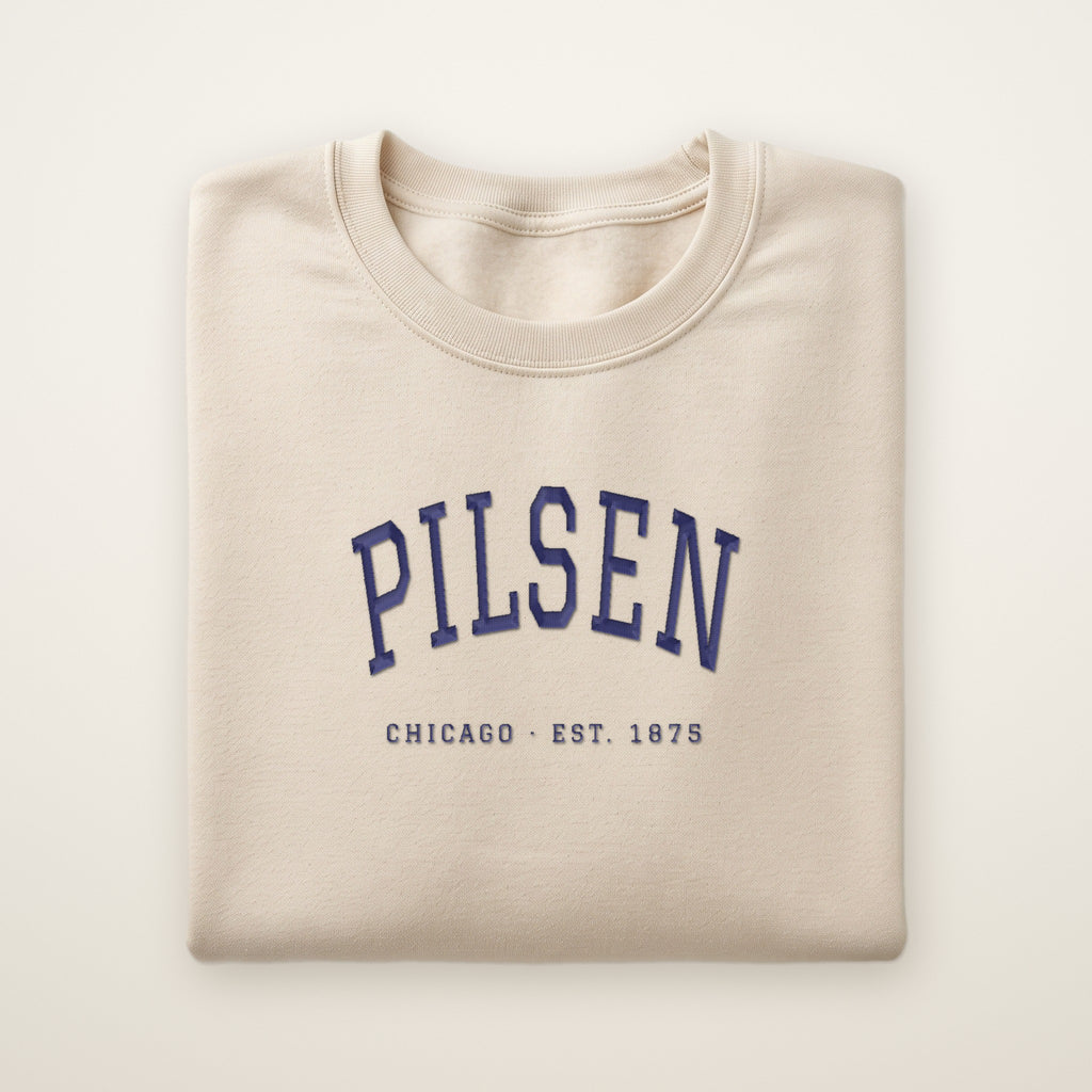 Pilsen Chicago embroidered crewneck sweatshirt, Sand, navy embroidery