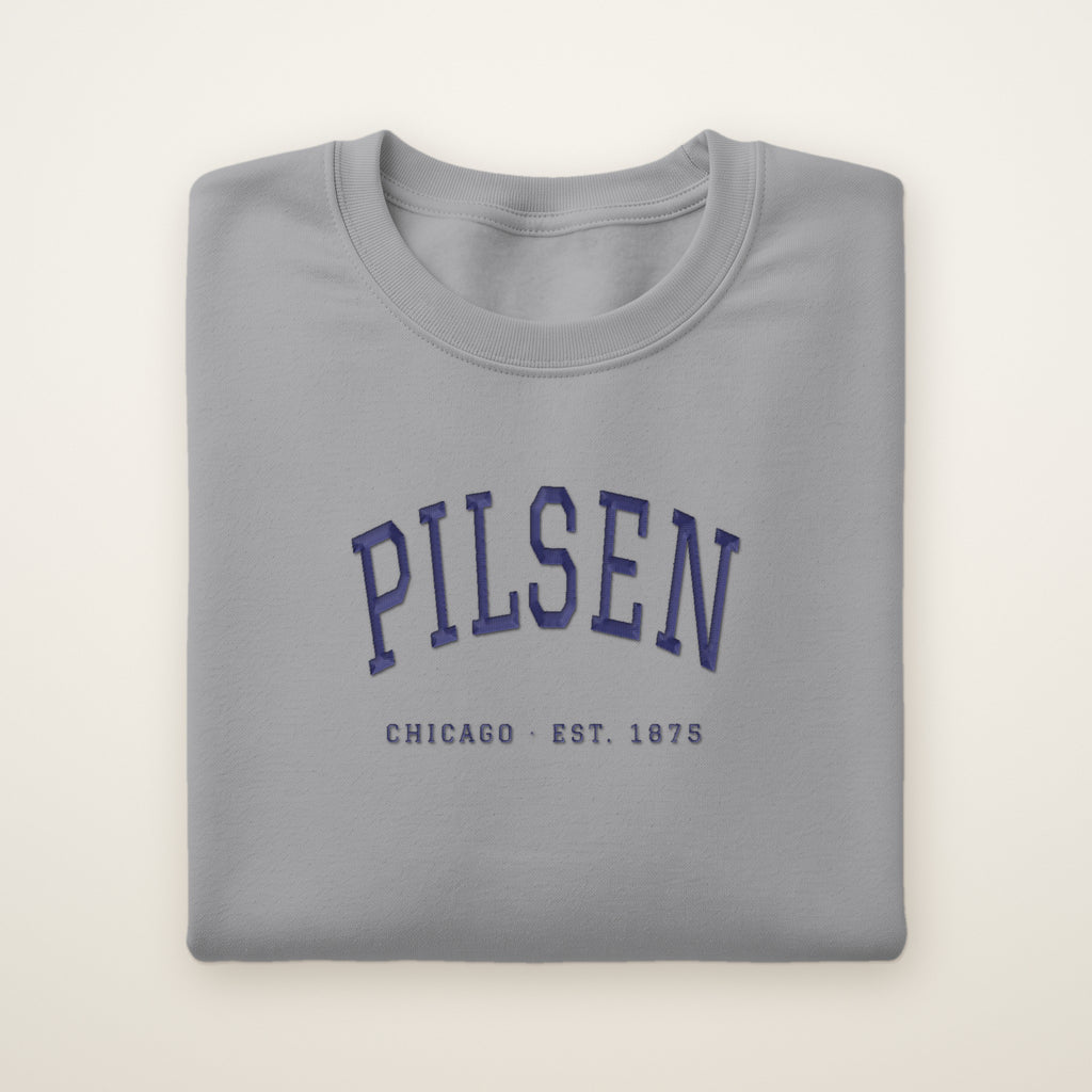 Pilsen Chicago embroidered crewneck sweatshirt, Sport Grey, navy embroidery