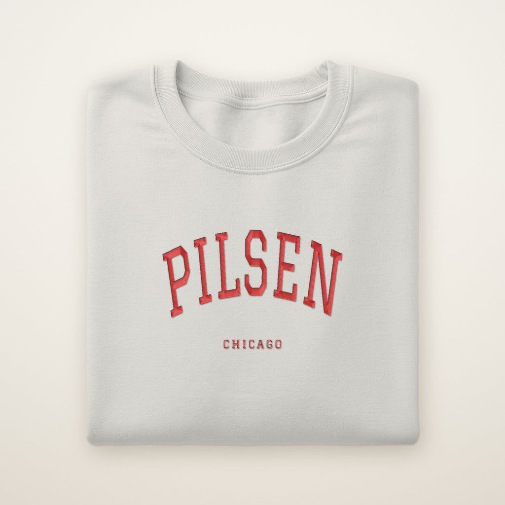 Pilsen Chicago embroidered crewneck sweatshirt, Ash, red embroidery