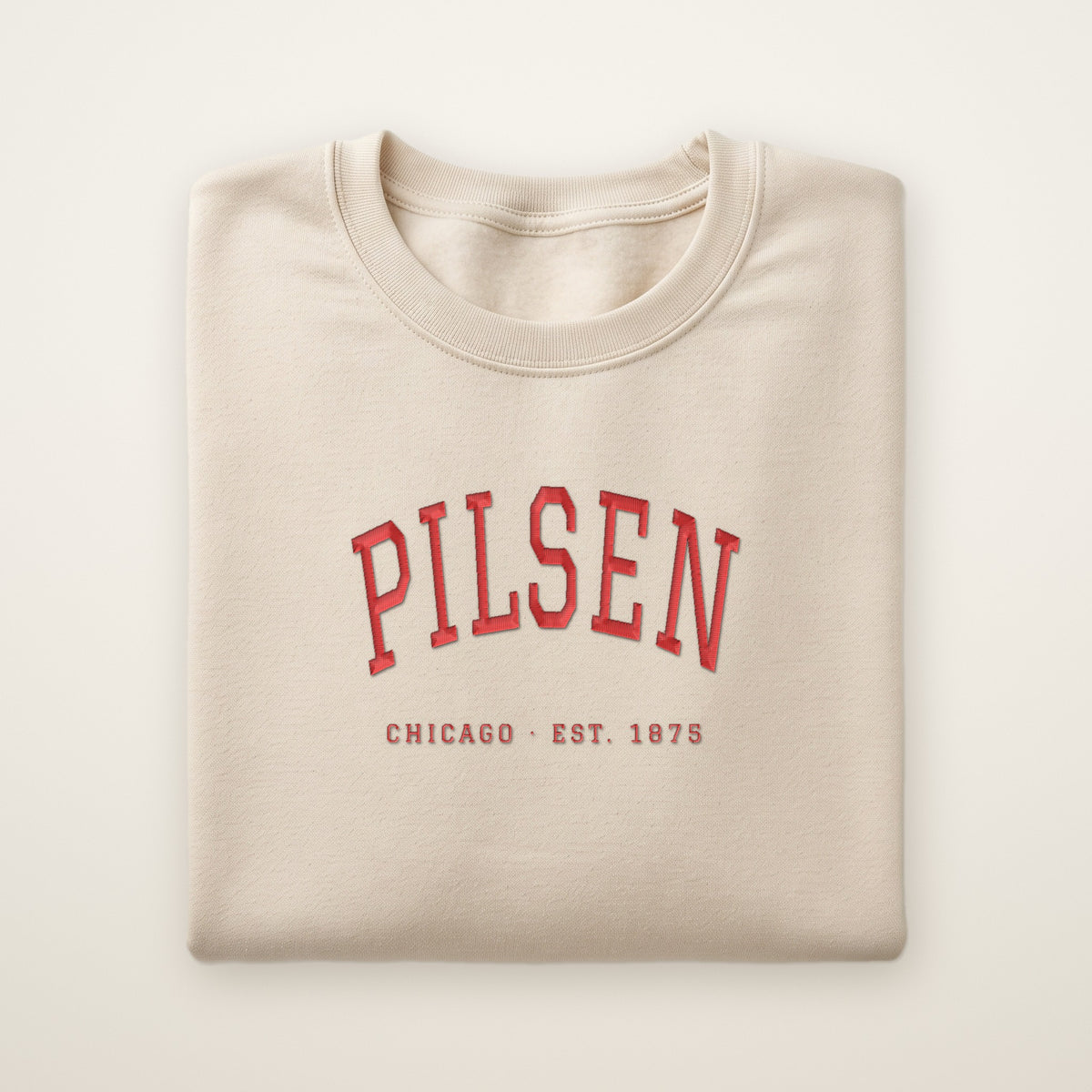 Pilsen Chicago embroidered crewneck sweatshirt, Sand, red embroidery