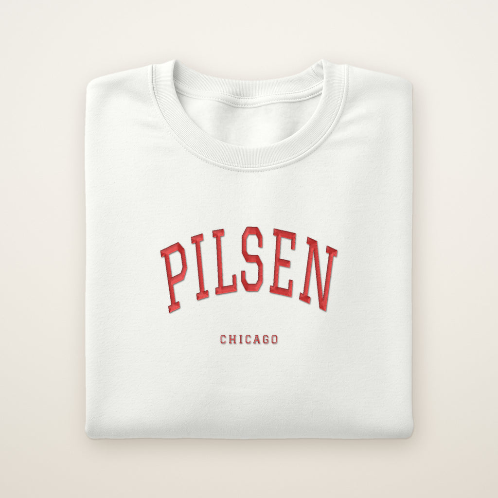 Pilsen Chicago embroidered crewneck sweatshirt, White, red embroidery