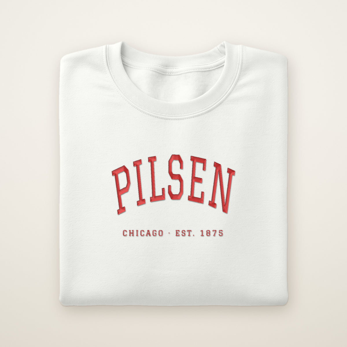 Pilsen Chicago embroidered crewneck sweatshirt, White, red embroidery