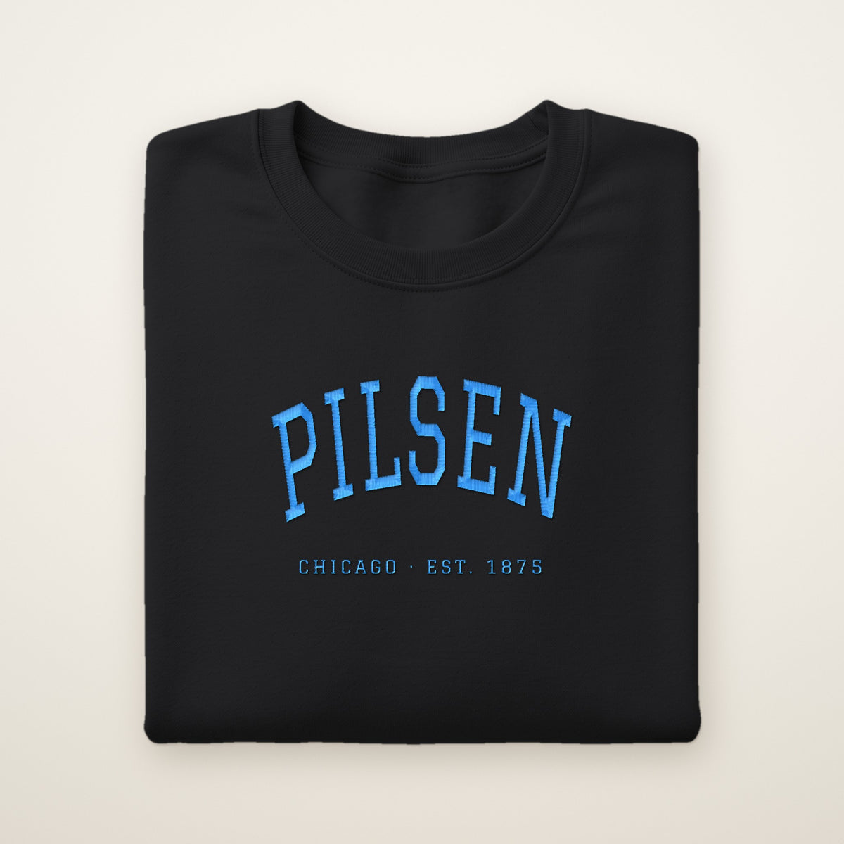 Pilsen Chicago embroidered crewneck sweatshirt, Black, sky blue embroidery