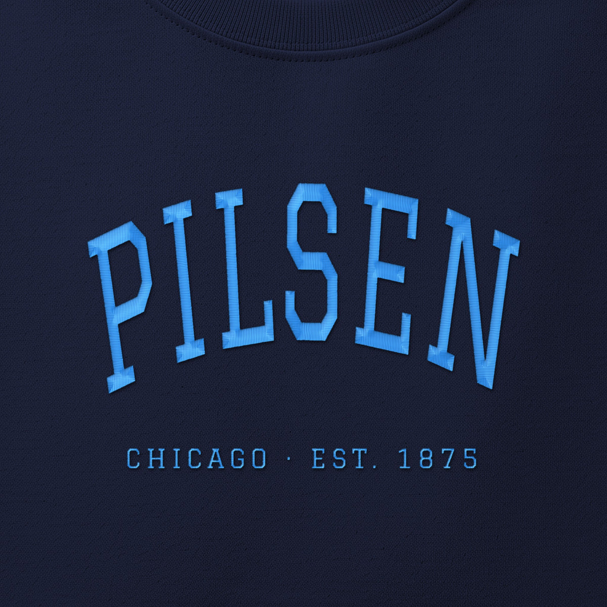 Close-up of sky blue satin-stitch Pilsen embroidery