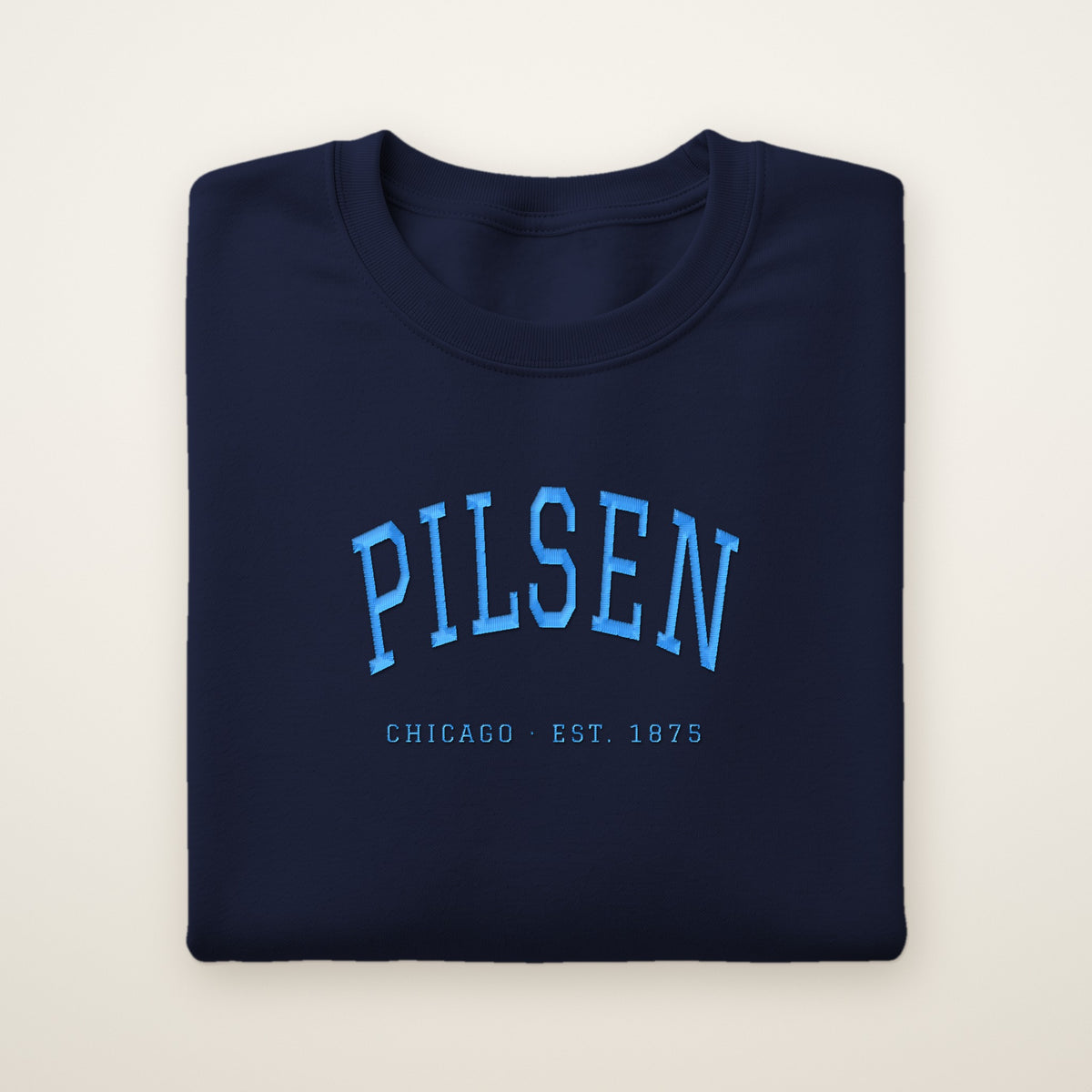 Pilsen Chicago embroidered crewneck sweatshirt, Navy, sky blue embroidery
