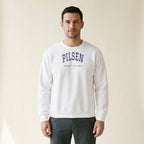 Model wearing the Pilsen Chicago Embroidered Crewneck — Navy Thread in White
