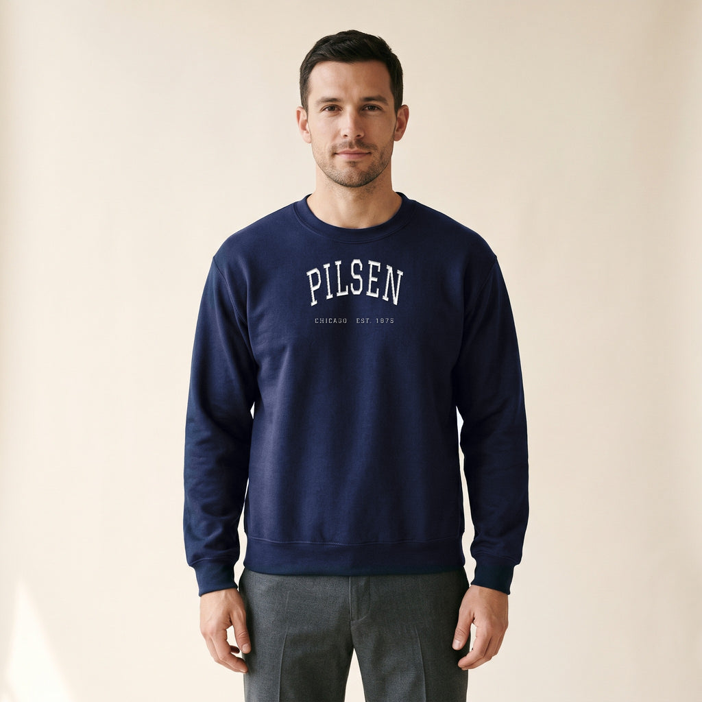 Model wearing the Pilsen Chicago Embroidered Crewneck — White Thread in Navy