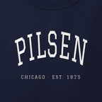 Close-up of white satin-stitch Pilsen embroidery