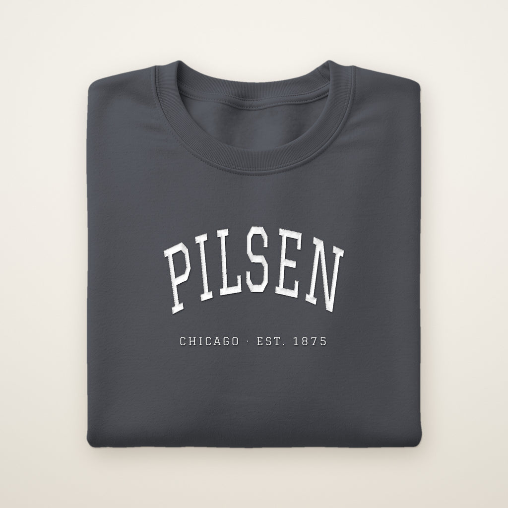Pilsen Chicago embroidered crewneck sweatshirt, Dark Heather, white embroidery