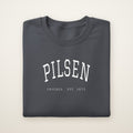 Pilsen Chicago embroidered crewneck sweatshirt, Dark Heather, white embroidery