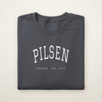 Pilsen Chicago embroidered crewneck sweatshirt, Dark Heather, white embroidery
