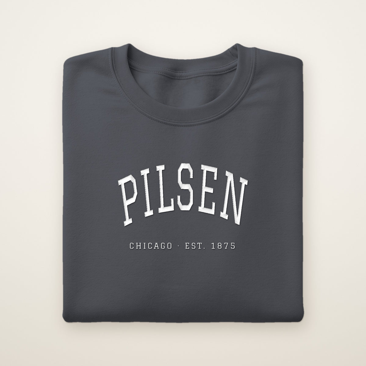 Pilsen Chicago embroidered crewneck sweatshirt, Dark Heather, white embroidery