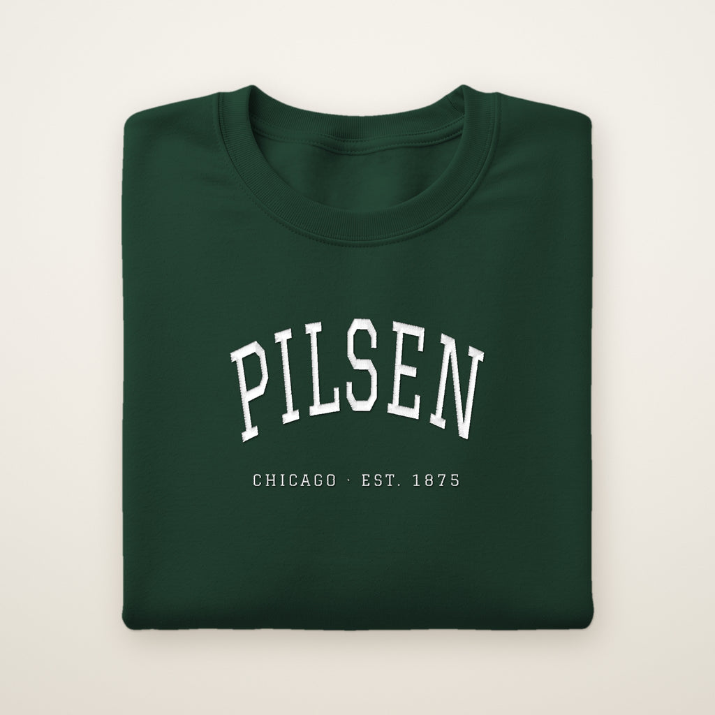 Pilsen Chicago embroidered crewneck sweatshirt, Forest Green, white embroidery