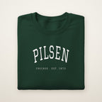 Pilsen Chicago embroidered crewneck sweatshirt, Forest Green, white embroidery