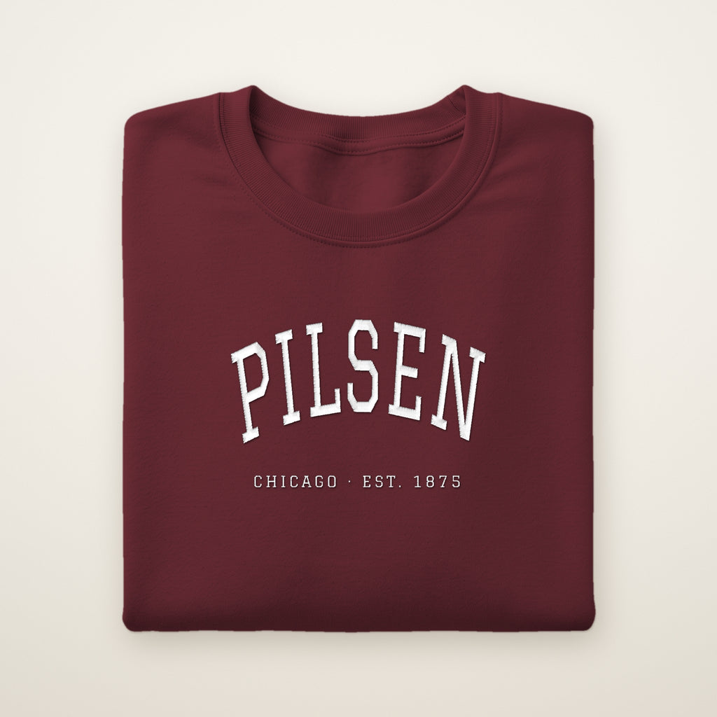 Pilsen Chicago embroidered crewneck sweatshirt, Maroon, white embroidery