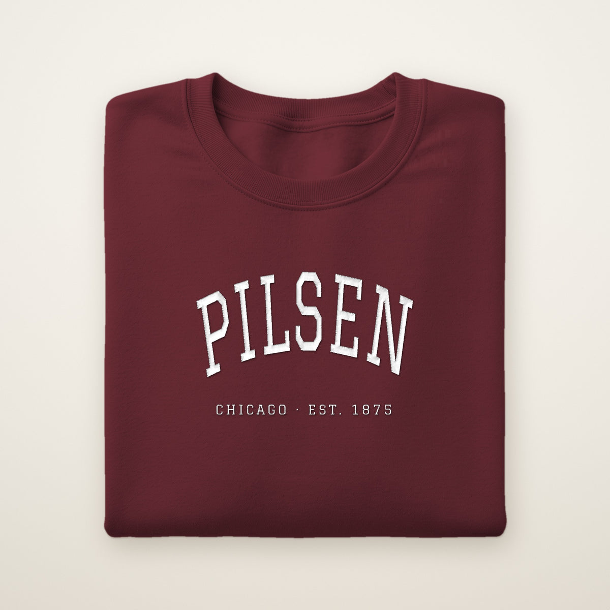 Pilsen Chicago embroidered crewneck sweatshirt, Maroon, white embroidery