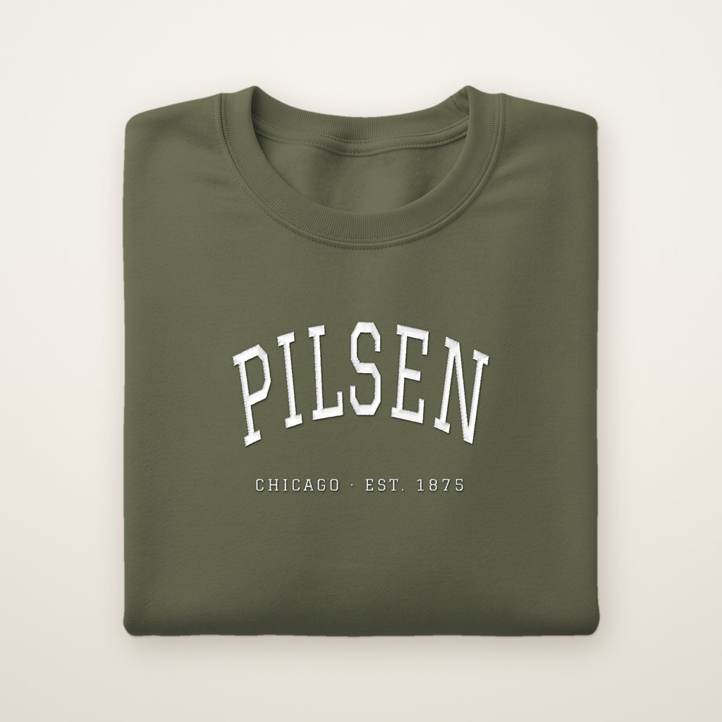 Pilsen Chicago embroidered crewneck sweatshirt, Military Green, white embroidery