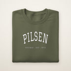 Pilsen Chicago embroidered crewneck sweatshirt, Military Green, white embroidery