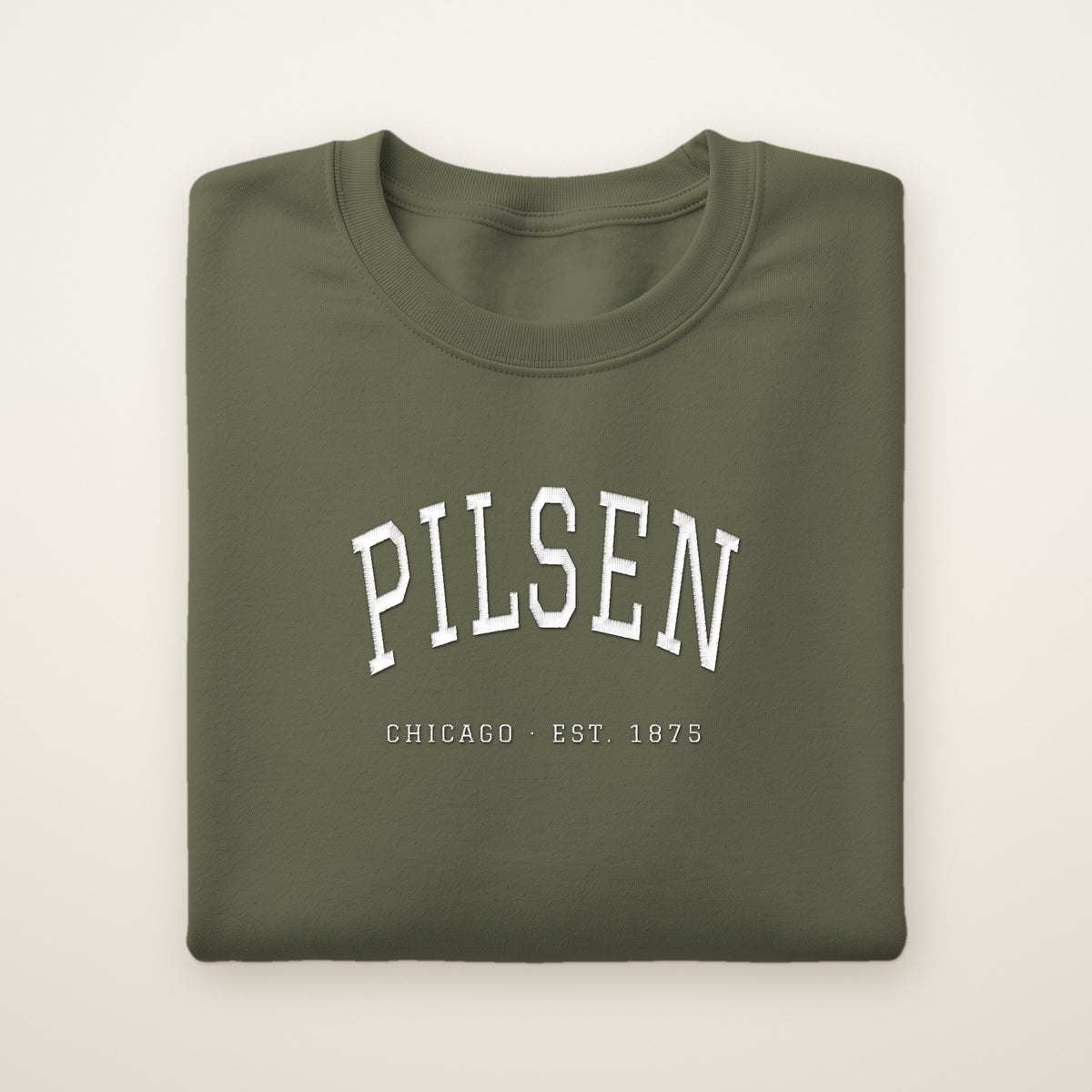 Pilsen Chicago embroidered crewneck sweatshirt, Military Green, white embroidery