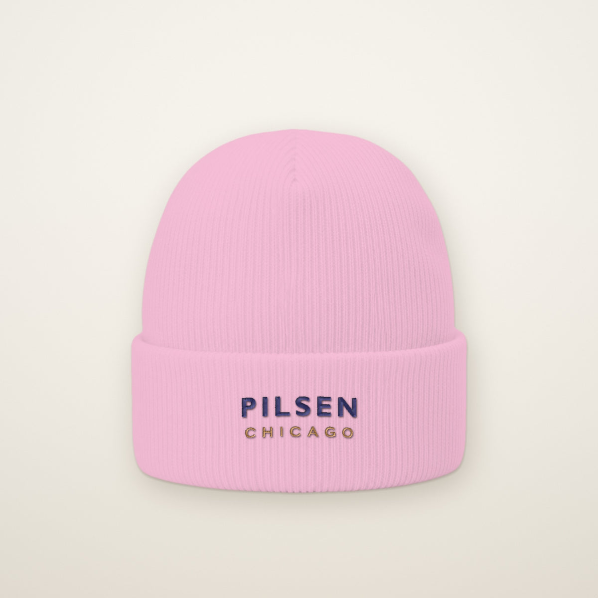 Pilsen Chicago Embroidered Cuffed Beanie, Navy Thread, Baby Pink
