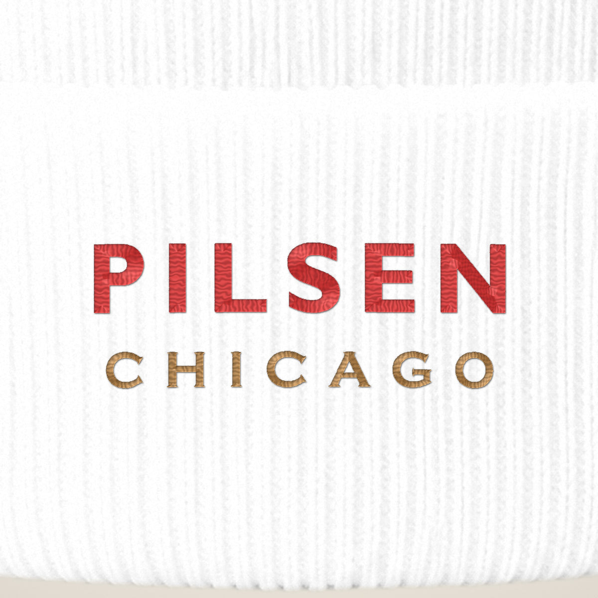 Pilsen Chicago embroidery close-up in red and old gold thread