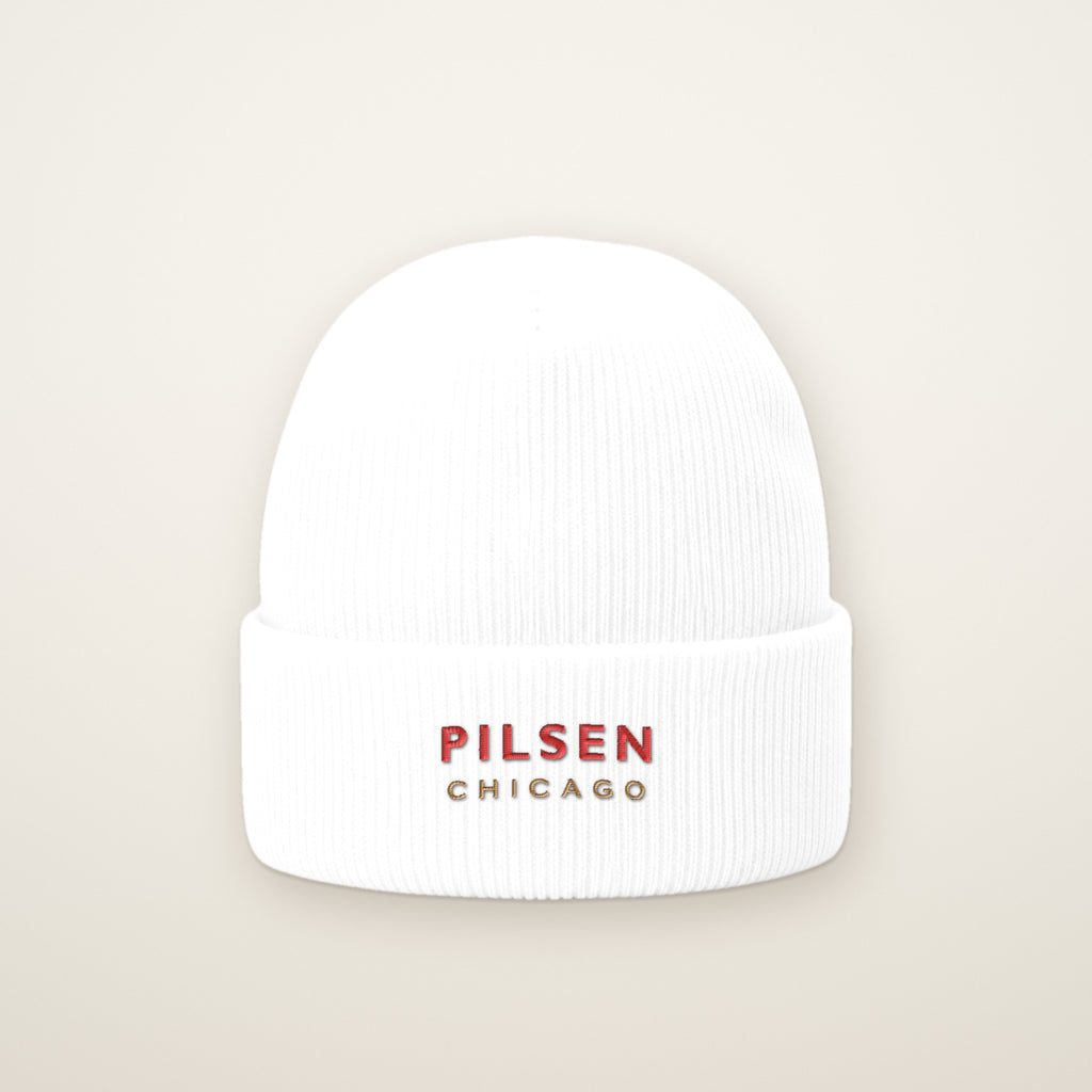 Pilsen Chicago Embroidered Cuffed Beanie, Red Thread, front view