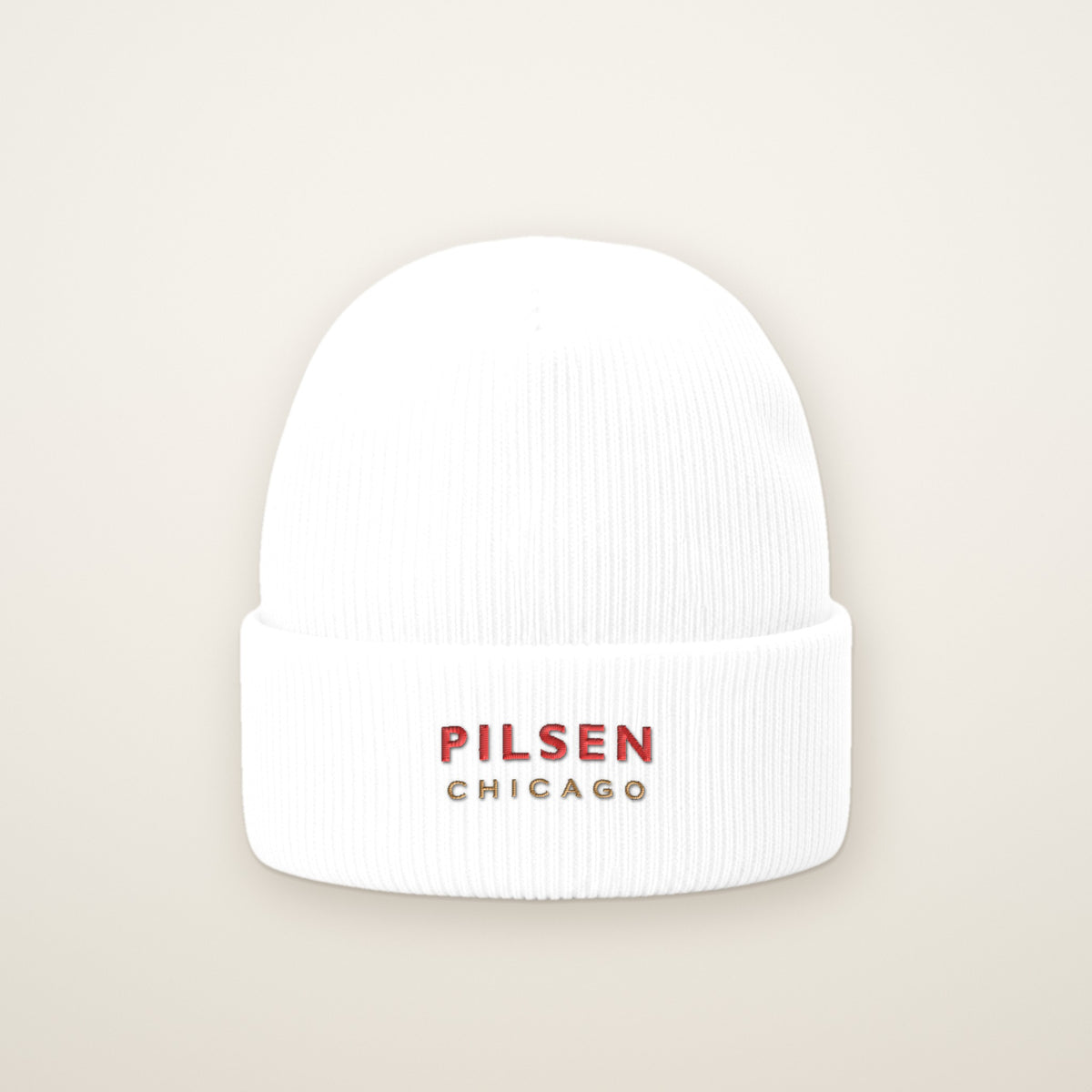 Pilsen Chicago Embroidered Cuffed Beanie, Red Thread, front view