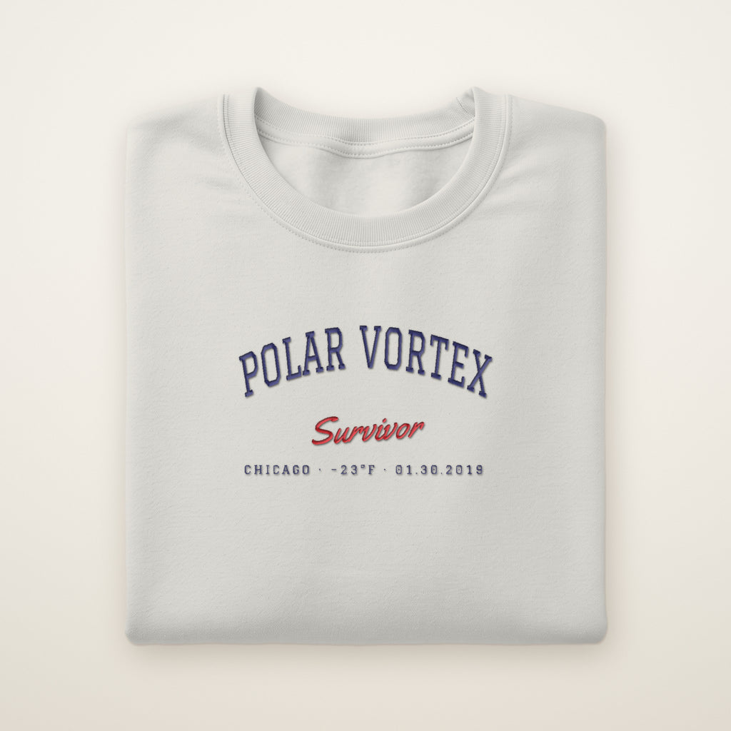 Polar Vortex Survivor Chicago embroidered crewneck sweatshirt, Ash, navy and red embroidery