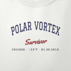 Close-up of navy and red satin-stitch Polar Vortex Survivor embroidery
