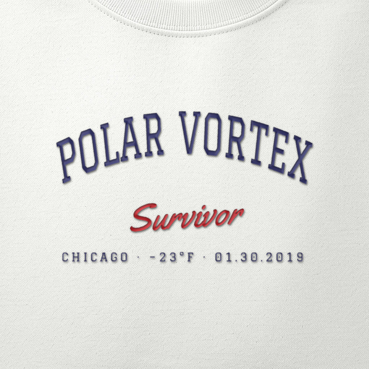 Close-up of navy and red satin-stitch Polar Vortex Survivor embroidery